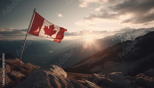 Obraz Majestic mountain peak, back lit by sunset generated by AI