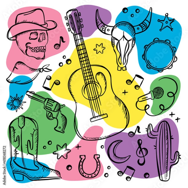 Obraz COUNTRY FEST SYMBOLISM American Western Holiday Monochrome Doodle Cowboy And Music Attributes With Bright Colorful Spots Vector Illustration Collection