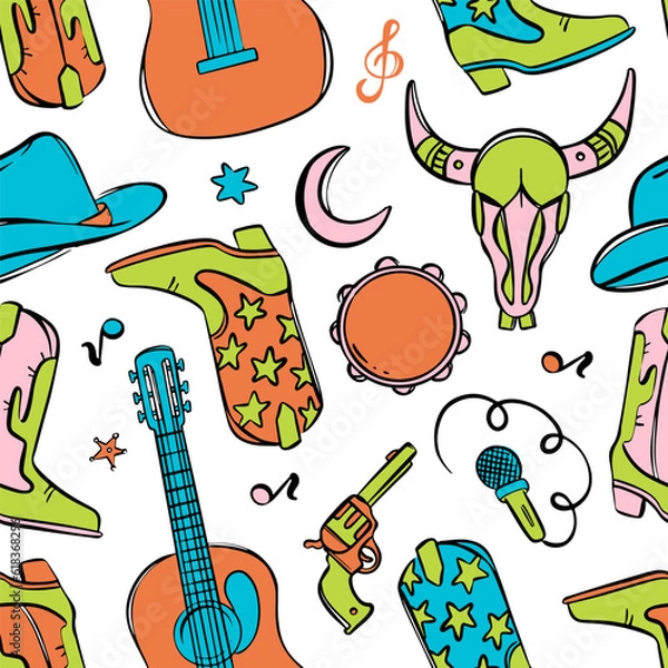 Obraz COUNTRY FEST SYMBOLS Various Attributes Of American Cowboy Western Music Festival Colorful Seamless Pattern Vector Illustration Collection For Print