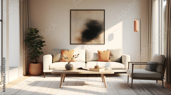 Fototapeta Stylish Living Room Interior with an Abstract Frame Poster, Modern Interior Design, 3D Render, 3D Illustration