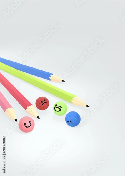 Obraz 鉛筆と喜怒哀楽のカラフルボール(タテ・背景白)