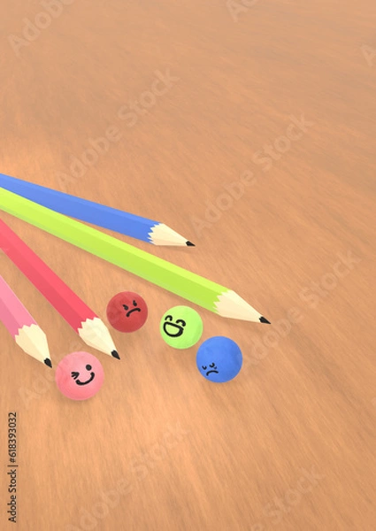 Obraz 鉛筆と喜怒哀楽のカラフルボール(タテ・背景木目)