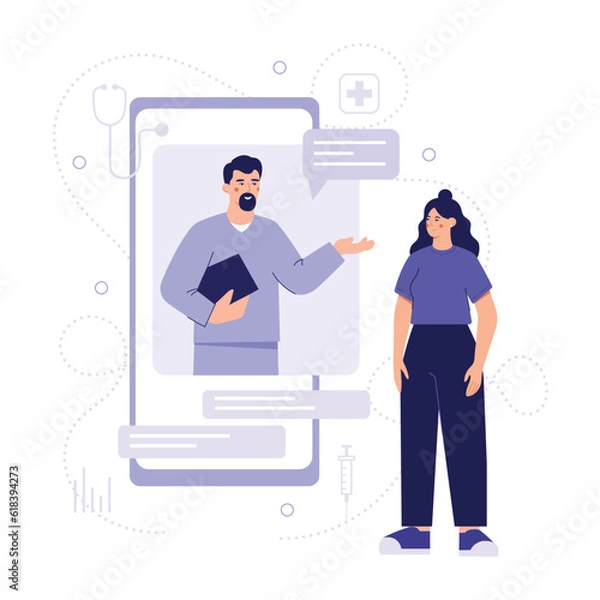Fototapeta Lady standing near big mobile screen and chatting with male doctor. Time for making treatment of patients online. Remote medical consultation via Internet. Vector flat illustration in blue colors