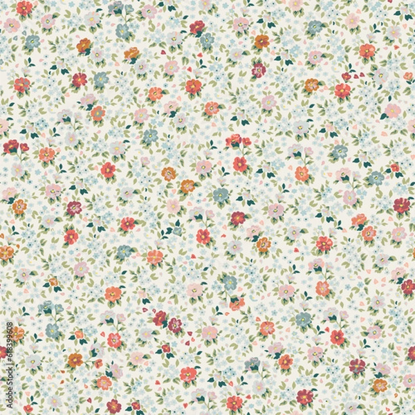 Fototapeta Floral pattern. Beautiful red, pink and green flowers on a light background. Seamless vector texture. Spring bouquet in vintage style.