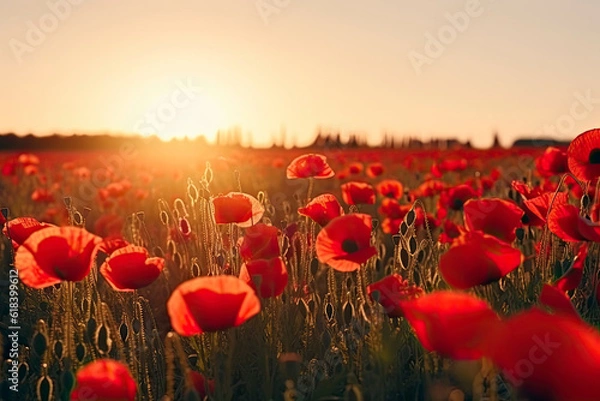 Fototapeta Poppy field in full bloom against sunlight. Field of red poppys against the sunset sky.AI Generative
