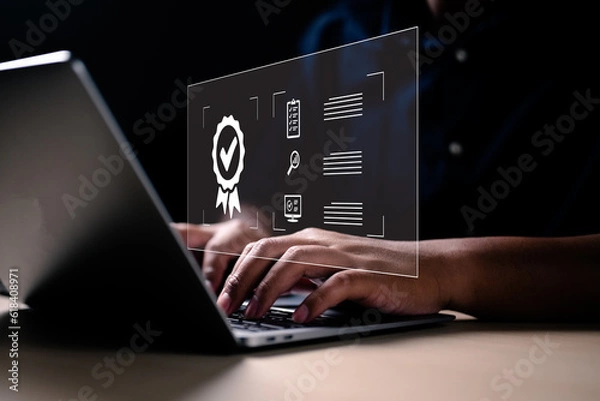 Fototapeta Customer review and comment, good rating concept. Businessman on hand get rewarded five star emoticon on virtual touch screen. Testimonial and testimony, user comment and feedback for review.