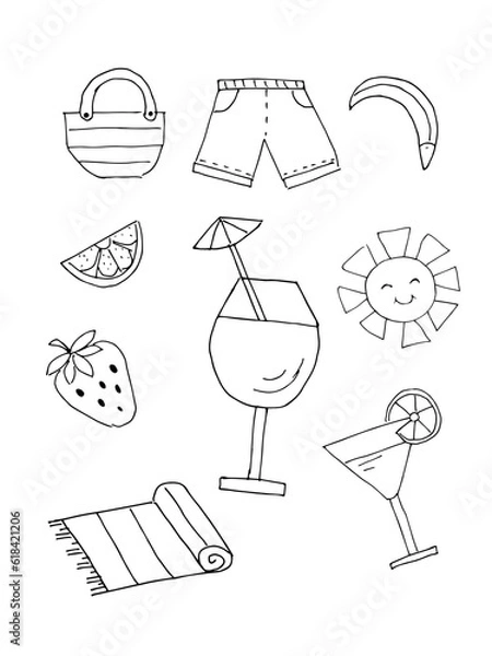 Fototapeta A set of summer doodle icons for travel, recreation, and tourism.   Fruits, drinks and Beach accessories.