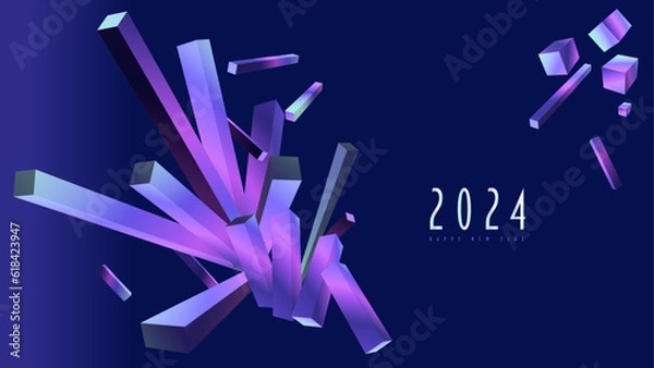 Fototapeta Abstract 3D vector illustration for 2024 New Year with cube and cuboid elements on an isolated blue background