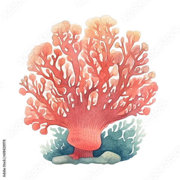 Fototapeta Red Coral Underwater Ocean Animal - Cute Hand Painted Style - Childish Watercolor Drawing - Fairy Tale Fantasy - Generative AI