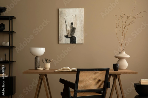Fototapeta Aesthetic composition of cozy workplace interior with mock up poster frame, wooden desk, rattan chair, books, vase with leaves, palid, pencils and personal accessories. Home decor. Template.