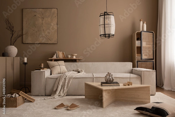 Fototapeta Elegant composition of warm living room interior with mock up poster frame, modular sofa, travertine coffee table, gray armchair, rattan sideboard, lamp and personal accessories. Home decor. Template.