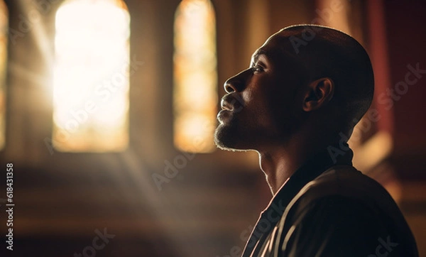 Fototapeta Prayer, christian and thinking with black man in church for god, holy spirit and spirituality. Praying, ai generated and connection with person and traditions for faith, mindfulness and Christianity