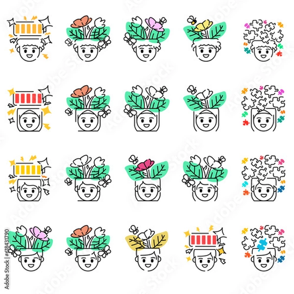 Obraz Happy People face Emotion Doodle Icon Outline Button Set Design