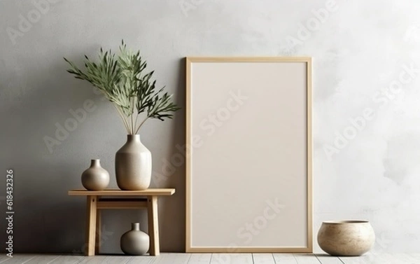 Fototapeta Blank vertical frame mockup for artwork or print on gray wall with green plants in vase, copy space, minimalist scandinavian design scene, modern interior mockup
