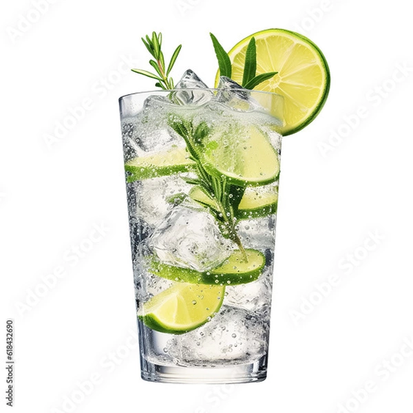 Fototapeta Gin and tonic cocktail drink with lime isolated on a transparent background (Generative AI)