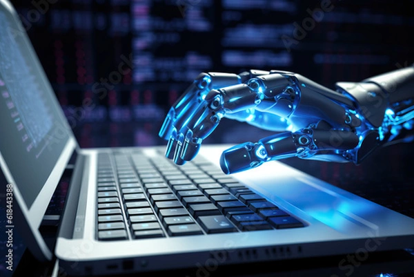 Fototapeta Robot's hand typing on laptop writing language processing tool AI technology Generative AI