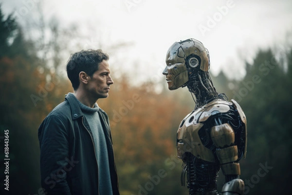 Fototapeta Human and Robot Facing Each Other Artificial Intelligence Uncertainty Concern Generative AI