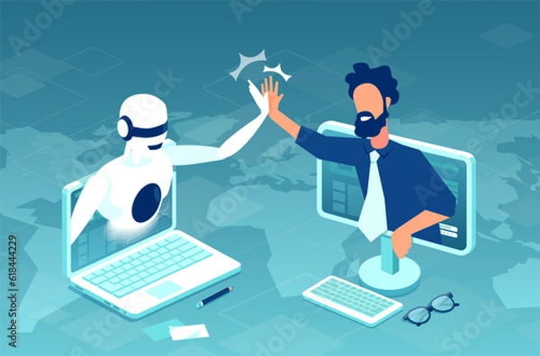 Fototapeta Vector of artificial intelligence, robot collaboration with a business man
