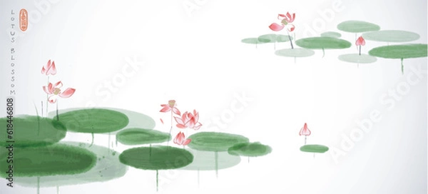 Obraz Pink lotus flowers in a serene pond on white background. Traditional oriental ink painting sumi-e, u-sin, go-hua.