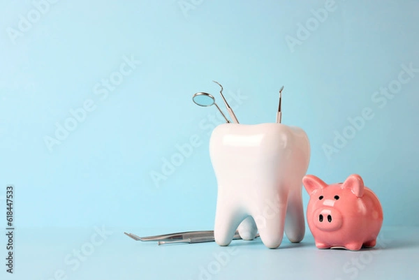Obraz Pink piggy bank and tooth model with medical instruments on blue background. Investing in dental health care.