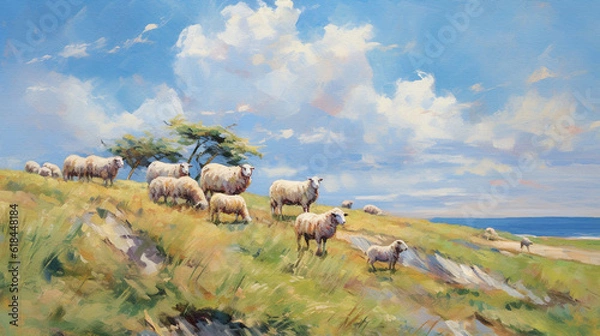 Obraz Scenic rural landscape with grazing sheep on a dike. Impressionistic oil painting on canvas, made with generative AI. Beautiful artistic image for poster, wallpaper, art print.