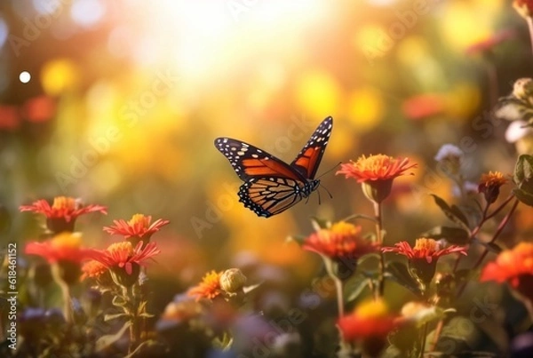 Fototapeta Beautiful butterfly flying over a flower on a blurred background and sunlight. generative ai