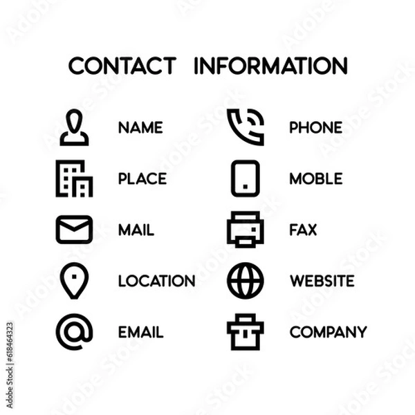 Fototapeta Contact Information and Contact Us line vector icons. Contains icons as Name, Address, Time, Phone number, Office, Mail, Company, Notification etc.