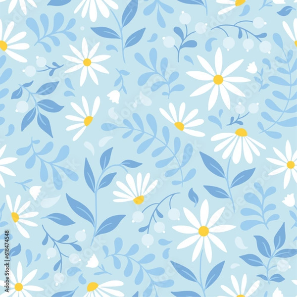 Fototapeta Blue vector seamless pattern with daisies