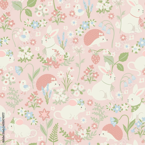 Fototapeta Vector pink seamless pattern with cute animals and flowers