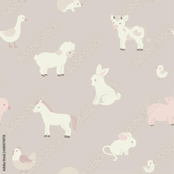 Fototapeta Vector seamless pattern with cute farm animals in beige tones
