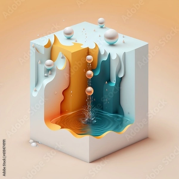 Obraz 3d abstract cube with water and bubbles. 3d render.