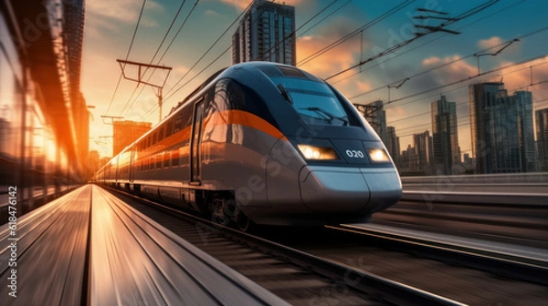 Obraz High-Speed Train with Cityscape in the Background