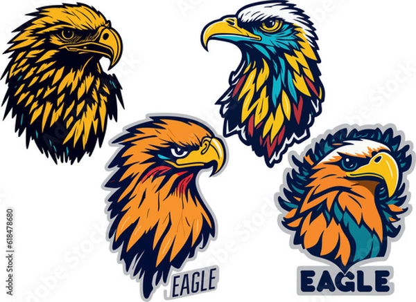Fototapeta set, collection of colored and multicolored logos and stickers with the image of an eagle, a large vigilant bird of prey