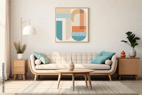 Obraz Modern mid century living room interior with blush pink, beige and blue wall art in textured abstract style. Cozy furniture. White color sofa and blue pillows.