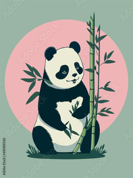 Fototapeta Panda eat bamboo against the background of the pink sun, painting in asian style. Pandas are very fond of bamboo. Japanese and Chinese paintings