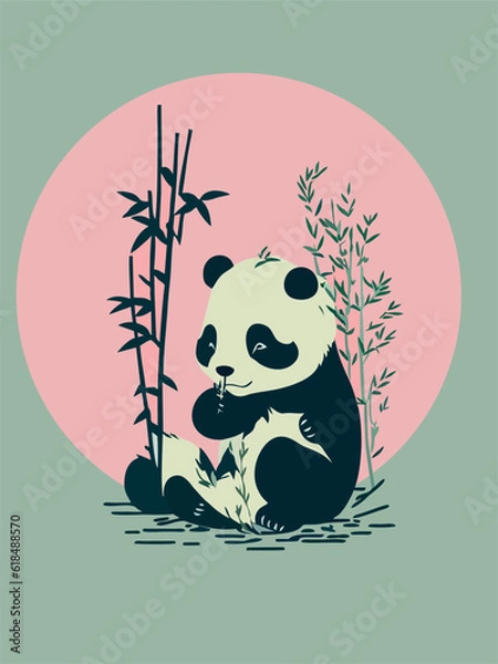 Fototapeta Panda eat bamboo against the background of the pink sun, painting in asian style. Pandas are very fond of bamboo. Japanese and Chinese paintings