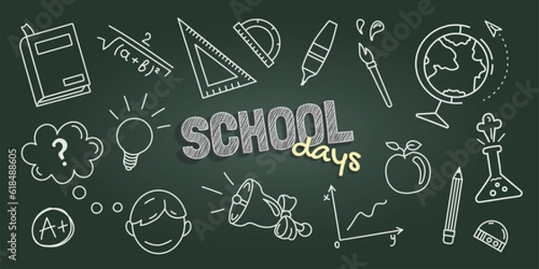 Fototapeta School background with hand drawn linear school supplies and chalk text with School Days phrase lettering on blackboard.