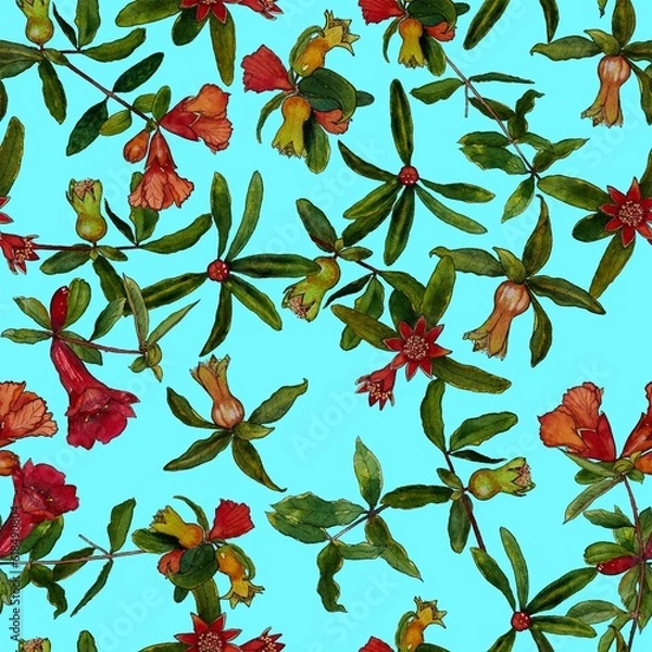 Fototapeta Seamless pattern with pomegranate flowers on an azure background. Watercolor illustration. Companion pattern.