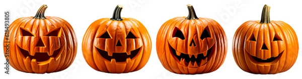 Fototapeta Set of four funny halloween pumpkins. Isolated on transparent background. Generative Ai