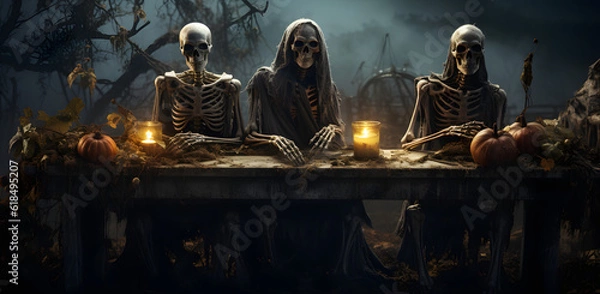 Fototapeta Behold the Halloween skeleton table, a symbol of spooky delights! With a mischievous grin and black eyes, it exudes a festive charm. AI Generated