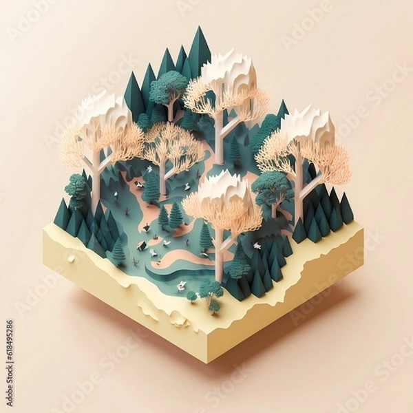 Obraz 3d render. Nature concept. Isometric forest with trees and bushes. 