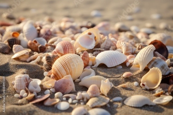 Fototapeta Seashells on the beach under the warm summer sun. Fine sand. Generative ai