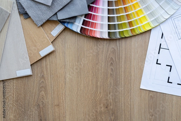Fototapeta Color palette guide catalog with colour swatches. Wooden flooring and furniture material samples. Home floor plans, building blueprint projects. Architect or interior design flat lay with copy space.