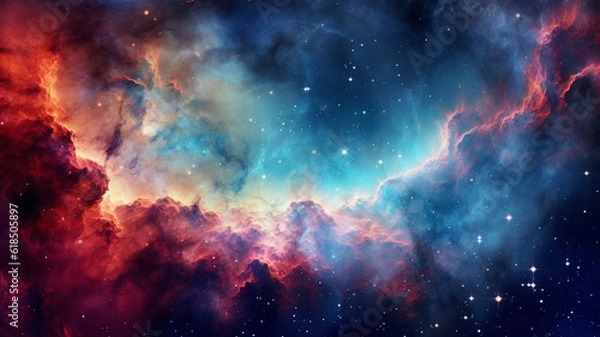 Obraz Nebula, space and dust cloud in dark sky of astrology, universe and solar system cosmos for science research. Ai generated, color and galaxy flare with supernova, explosion and cosmic gas background