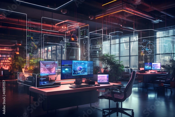 Fototapeta Nowoczesne neonowe cyberpunk Otwarty Office Wewnętrzny wnętrza z nakładką technologii informatycznych. Strategia korporacyjna dla finansów, operacji, marketingu. Generatywna technologia AI