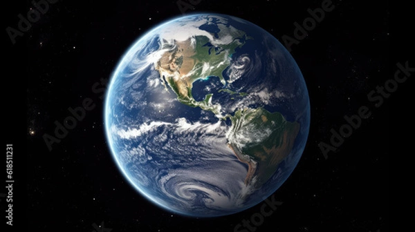 Fototapeta Planet Earth, World, Terrestrial Globe, wallpaper, Entirely, Full, Three-dimensional poster. OUR HOME. Planet in its entirety and fragility. 16:9 scale format. Some distant stars. Generative AI