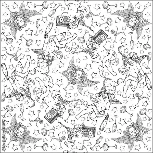 Fototapeta Kompozycja wektorowa na placu: anioły, amorki, muzyka, napoje w szklankach, gwiazdy. Liniowy rysunek w kolorze czarno -białym. Projektowanie pokrywy głowy lub obrusów.