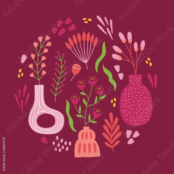 Fototapeta Summer greeting card with vases, berries, branches, flowers. Vector illustration