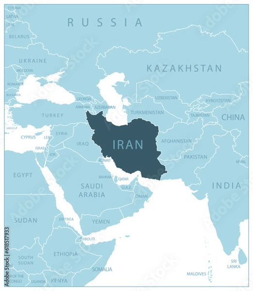 Obraz Iran - blue map with neighboring countries and names.