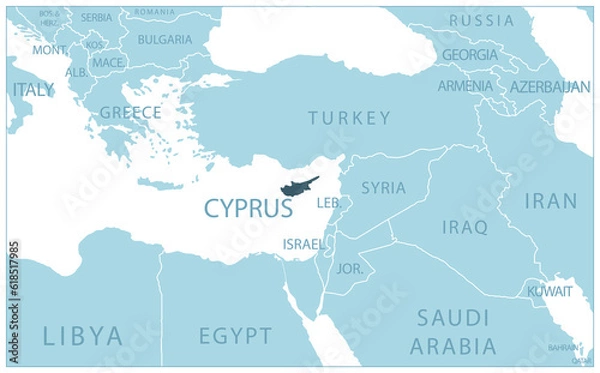 Obraz Cyprus - blue map with neighboring countries and names.